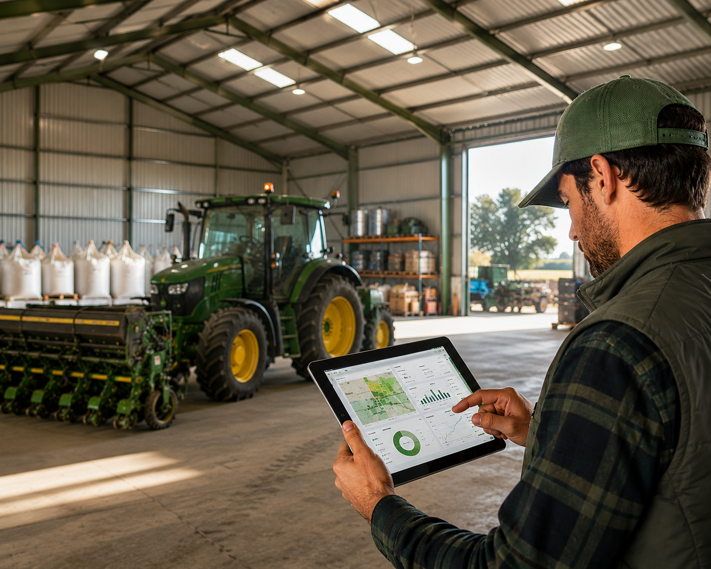Persona usando una tablet junto a un tractor y bolsas de semillas en un galpón