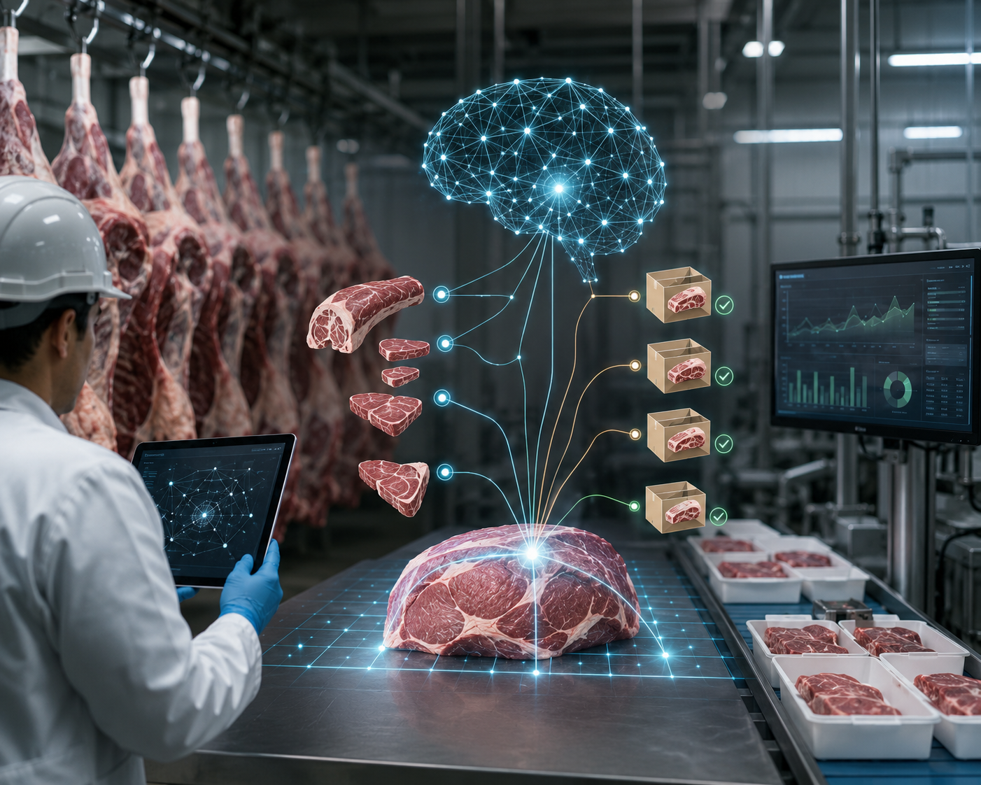Planta de procesamiento de carne con overlay digital de inteligencia artificial