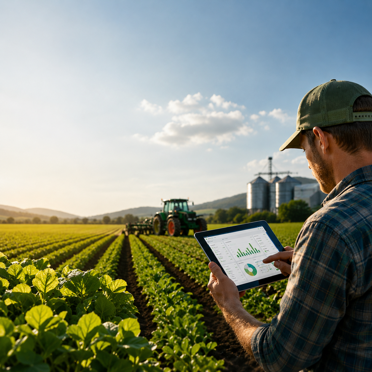 Persona usando una tablet con gráficos frente a un cultivo y un tractor